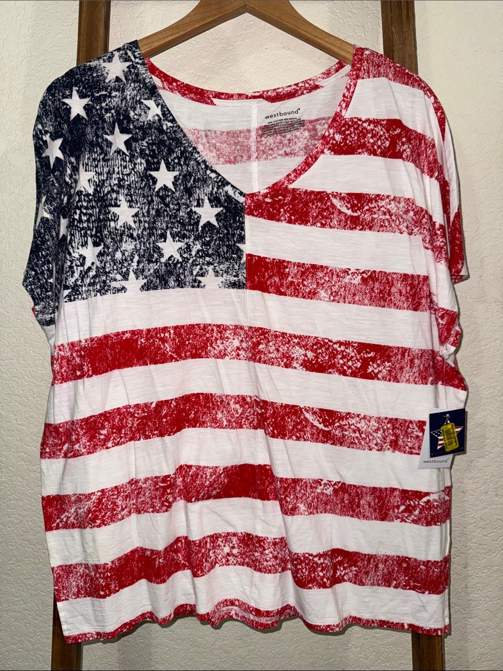 Westbound Distressed American Flag V-Neck Top - Red, White, Blue